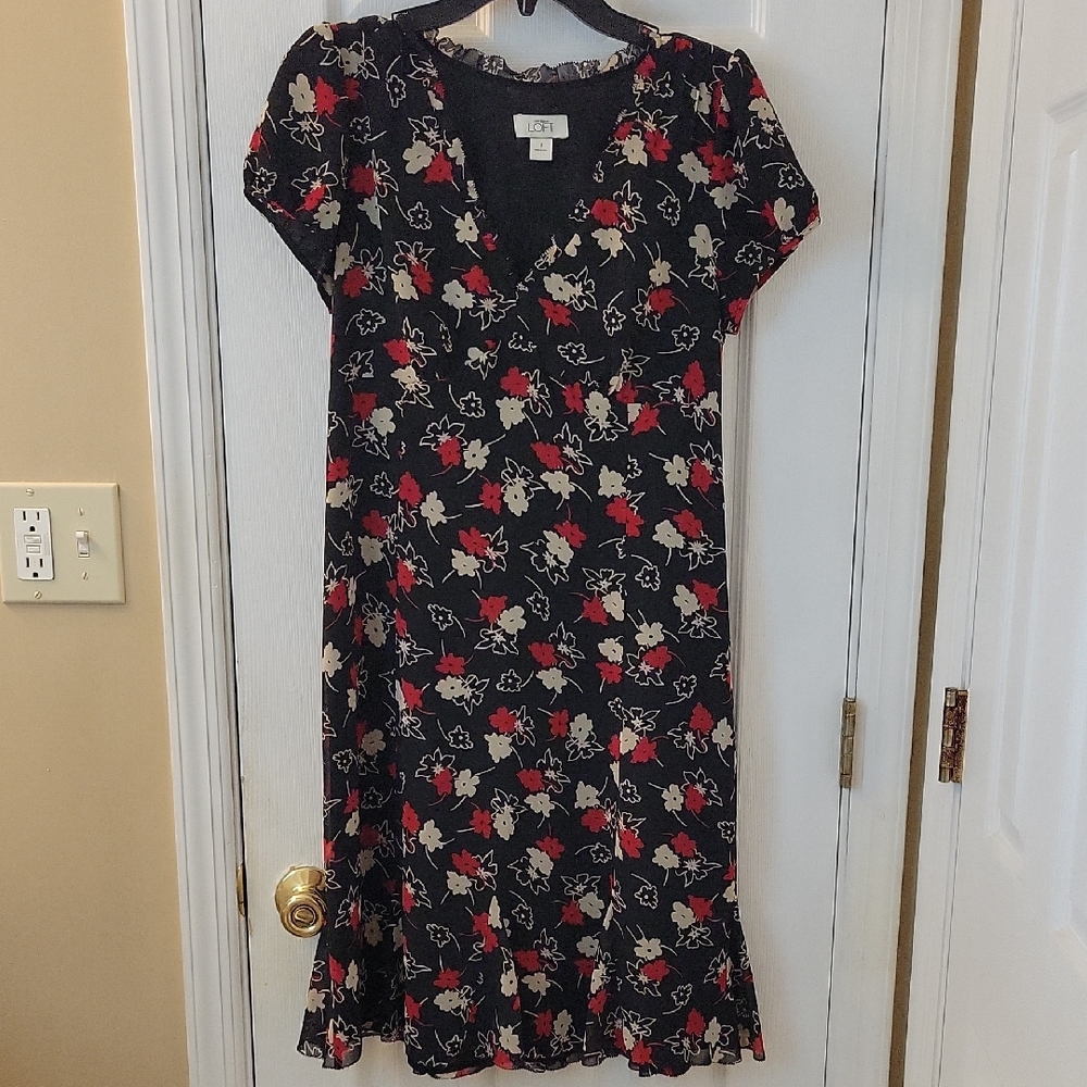 LOFT Black Midi Dress with Red and Cream Floral Design - Picture 1 of 9